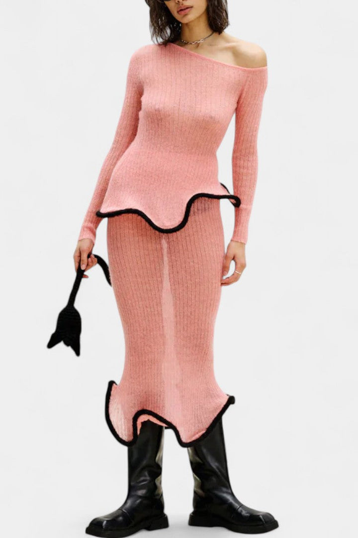 Ginevra Asymmetrical Knit Set with Ruffled Trim and Shimmering Midi Skirt