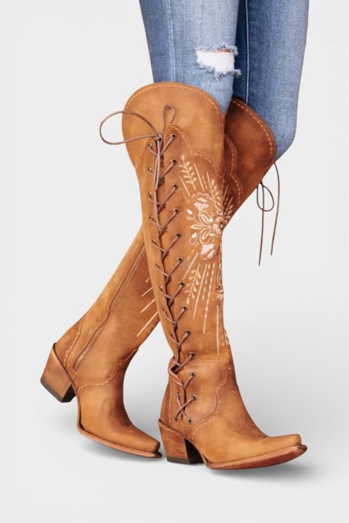 Flora Vintage Western Lace-Up Boots with Embroidery
