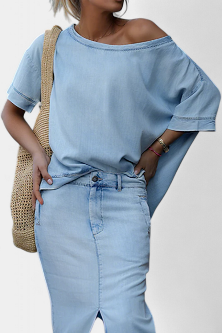 Perla Asymmetrical Denim Set with Long Skirt