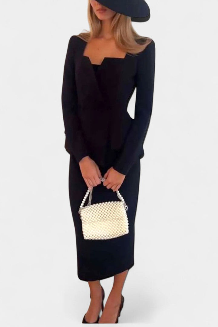 Olga Blazer Set with Square Collar and Flowing Long Skirt