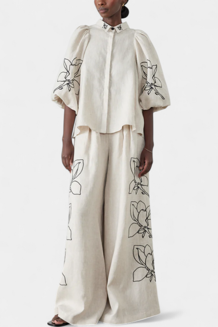 Miranda Puff Sleeve Blouse & Wide-Leg Floral Linen Pants Set