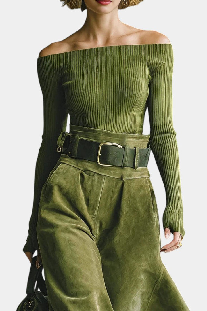 Teresa Olive Off-the-Shoulder Top with Midi Suede Skirt Ensemble