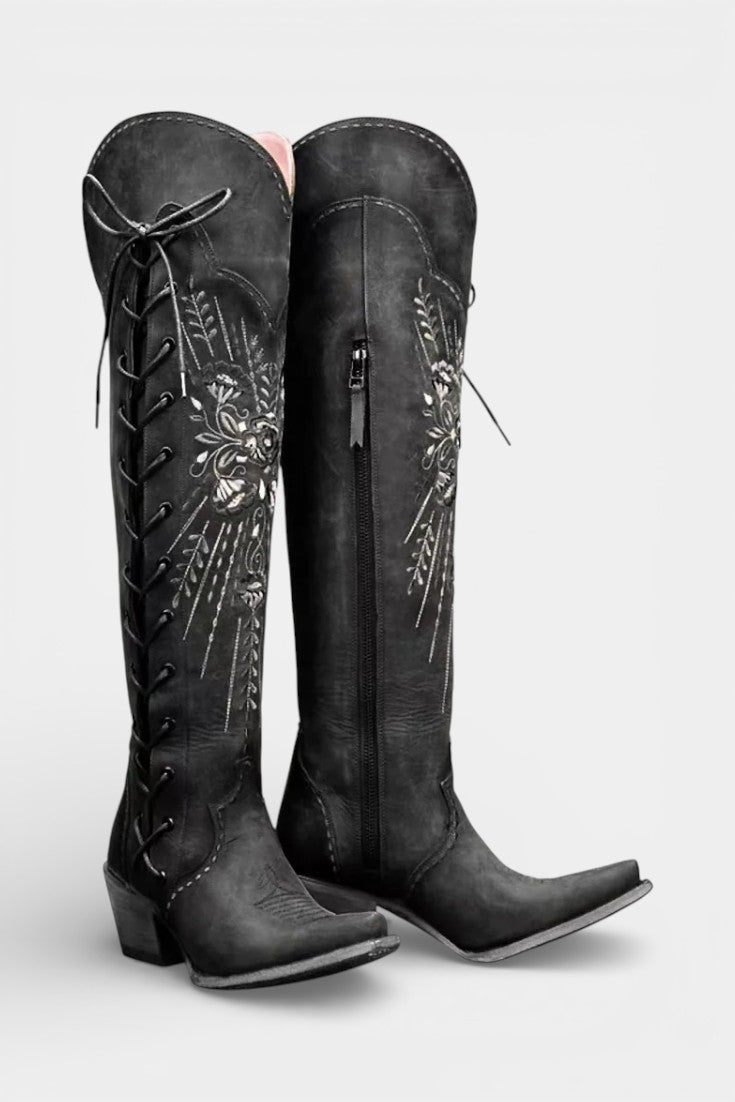 Flora Vintage Western Lace-Up Boots with Embroidery