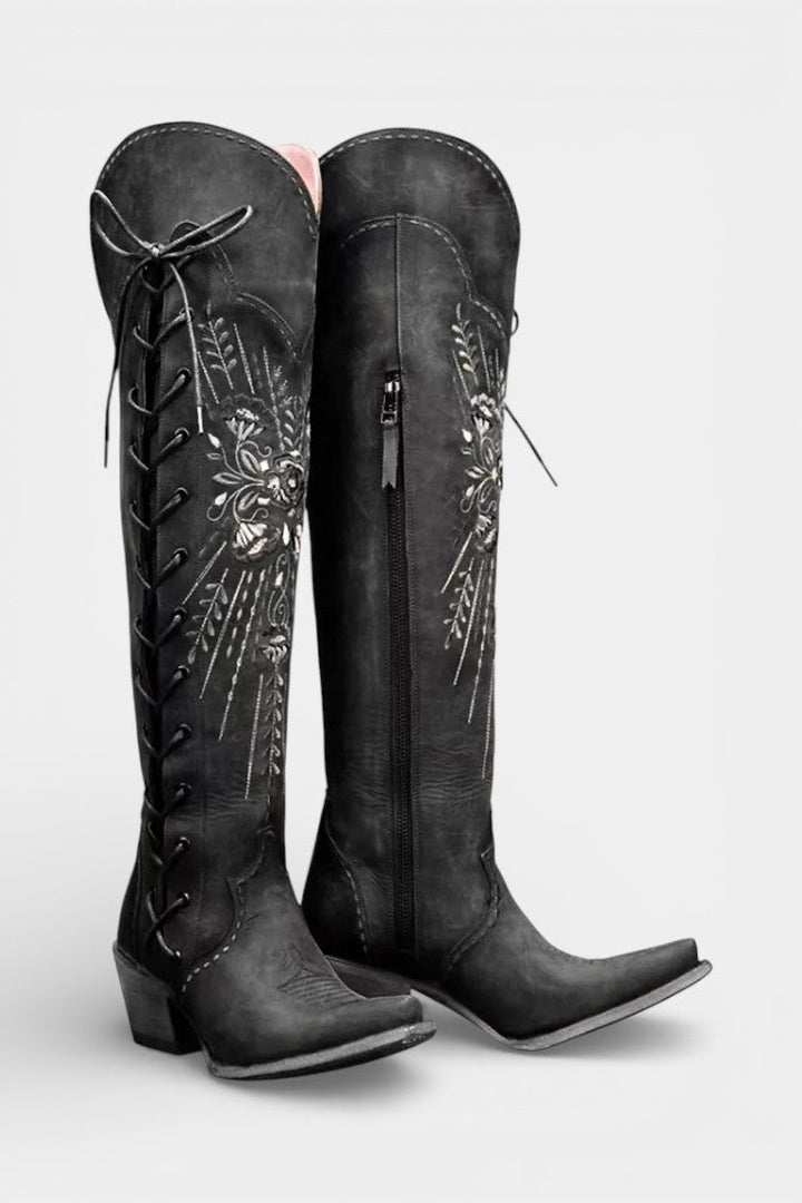 Flora Vintage Western Lace-Up Boots with Embroidery
