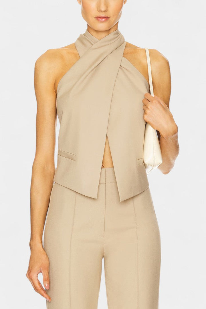 Fiorenza Cross-Strap Ensemble with Chic Straight-Leg Trousers