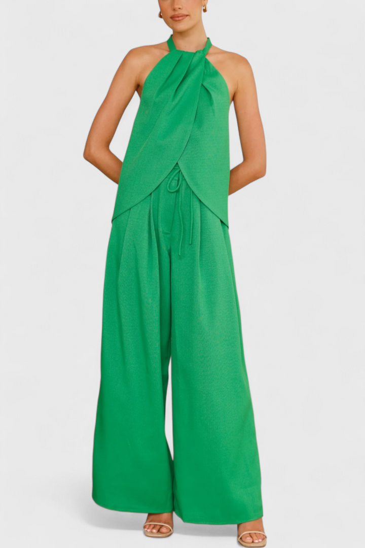Lorena Linen Ensemble: Front Neckline Top with Wide Leg Pants