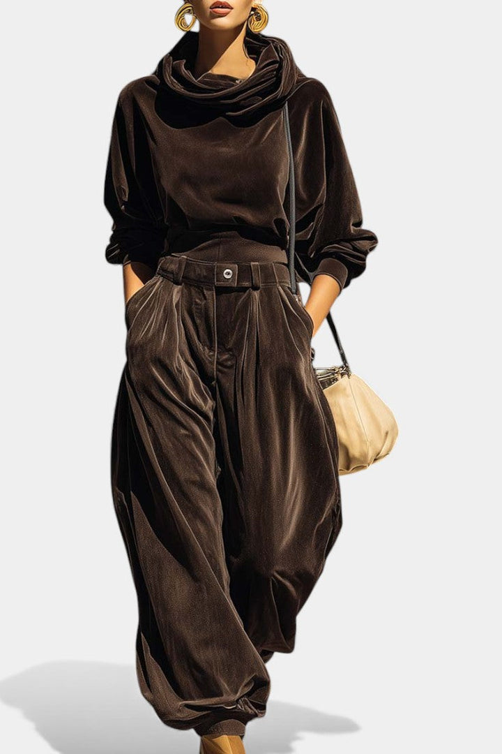 Sabrina Vintage Brown Velvet Hooded Ensemble with Relaxed Pants