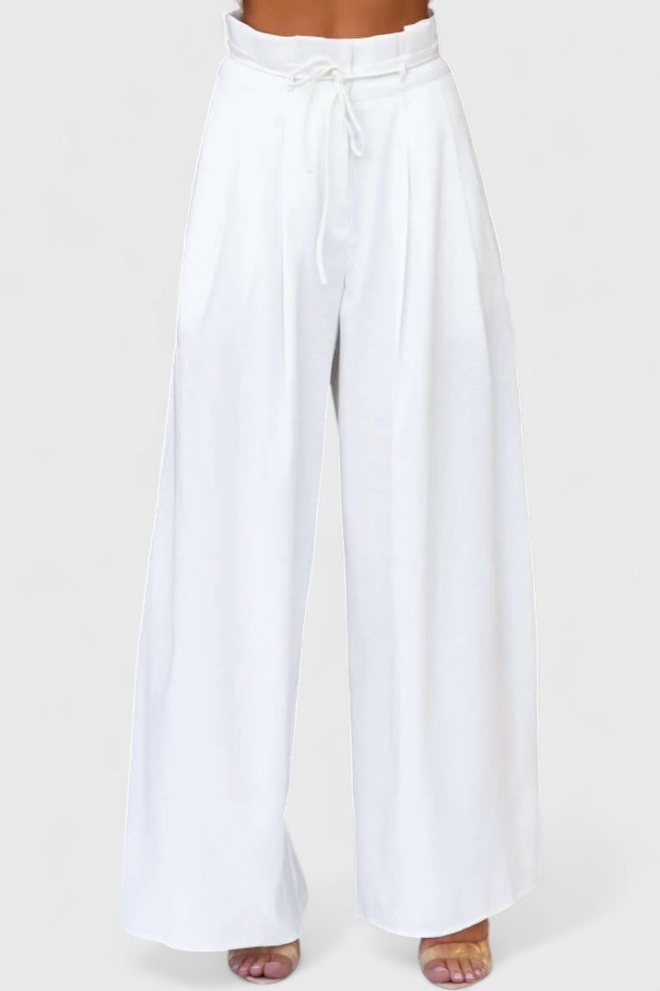 Lorena Linen Ensemble: Front Neckline Top with Wide Leg Pants