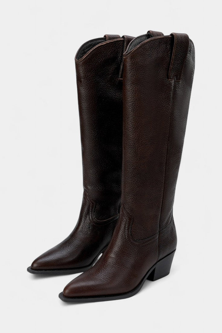 Cecilia Brown Leather Equestrian Boots with Pointed Toe and Low Heel Design
