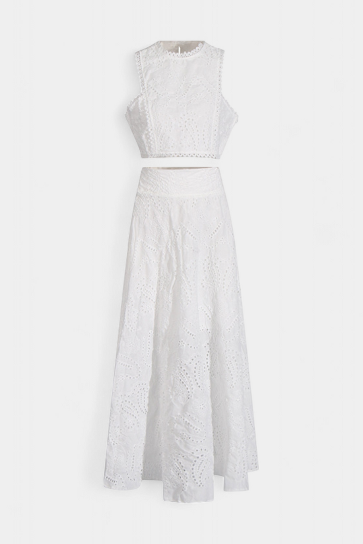 Sabina Floral Lace Two-Piece Set: Crop Top & Maxi Skirt