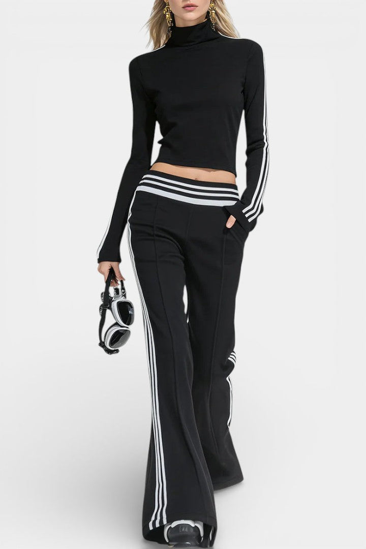 Donatella Retro Sport Chic Black Knit Set with High Collar and Flared Pants