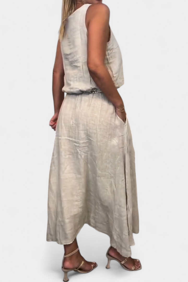 Martina Linen-Cotton Set with Sleeveless Vest and Maxi Skirt