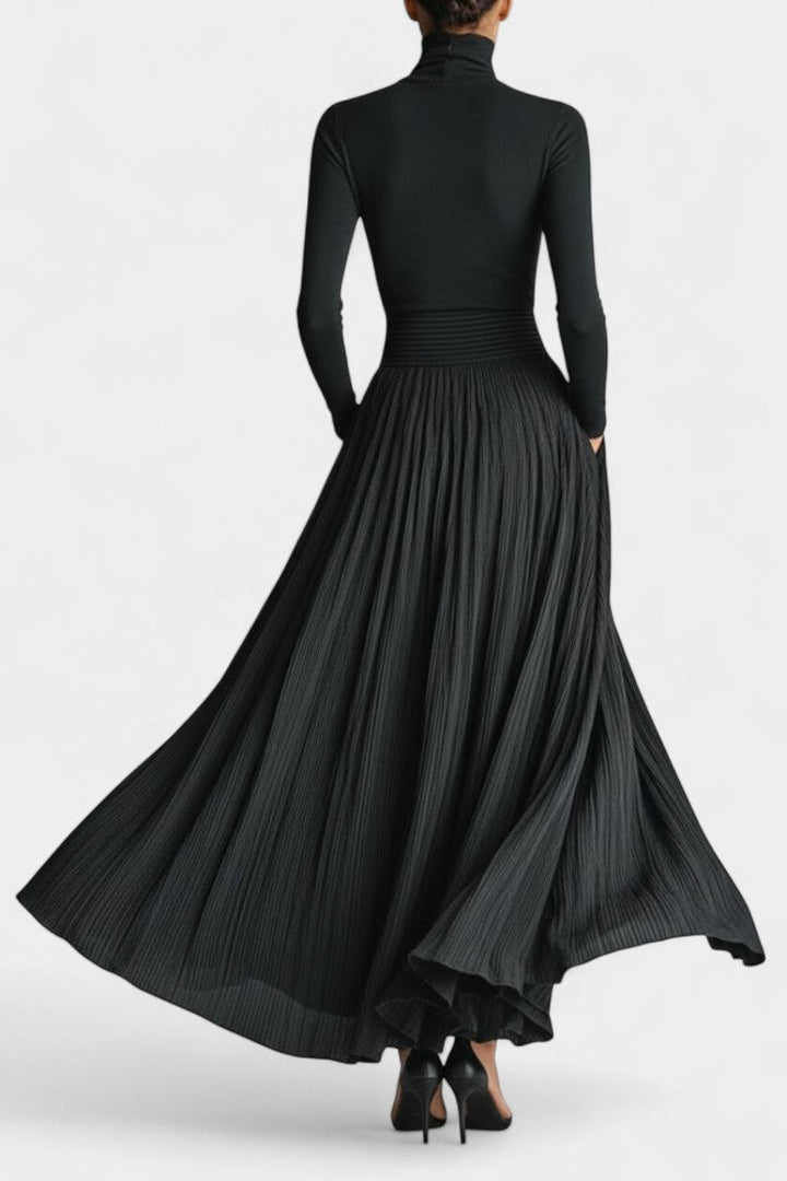 Rosa Black High Neck Set with Flowing Pleated Skirt
