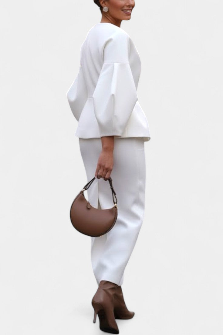 Sabina Chic Tailored Ensemble with V-Neck and Puff Sleeves