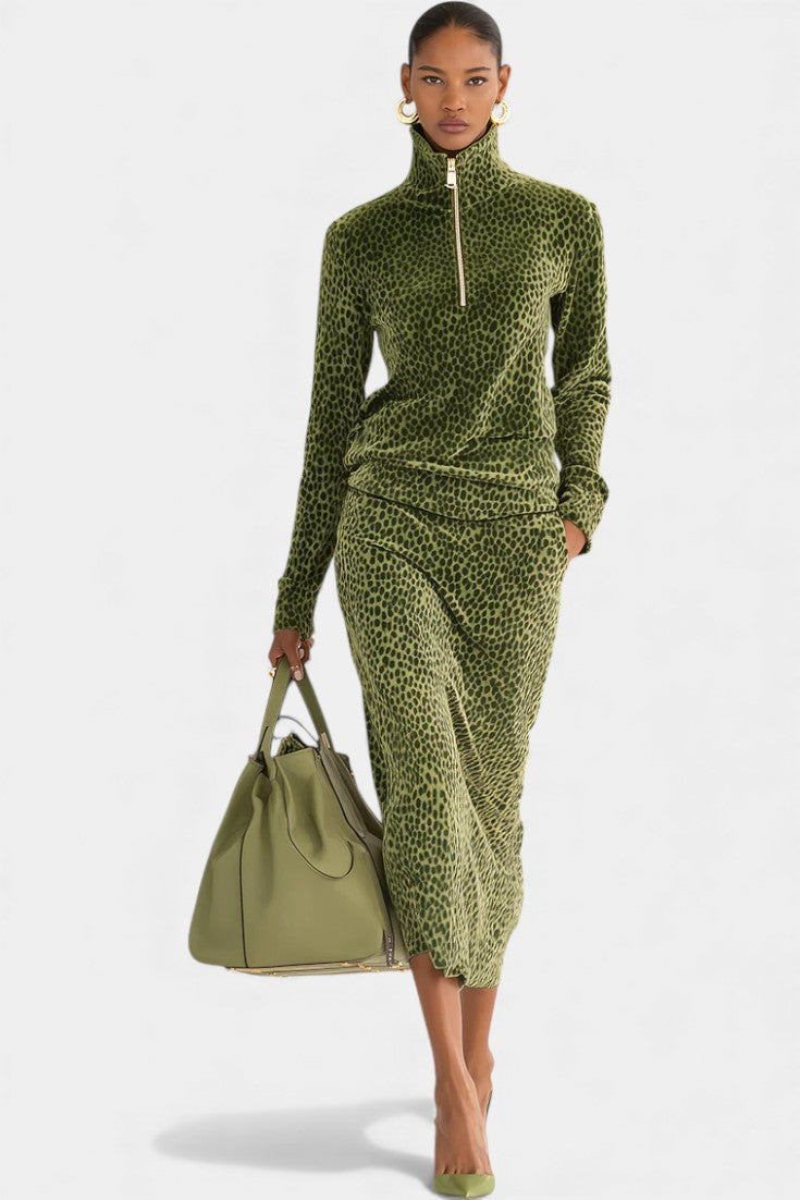 Federica Vintage Leopard Print High Collar Ensemble