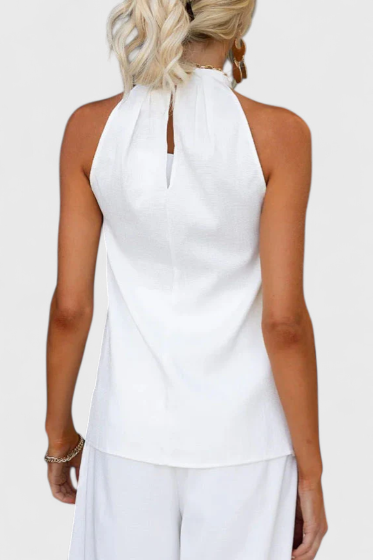 Lorena Linen Ensemble: Front Neckline Top with Wide Leg Pants