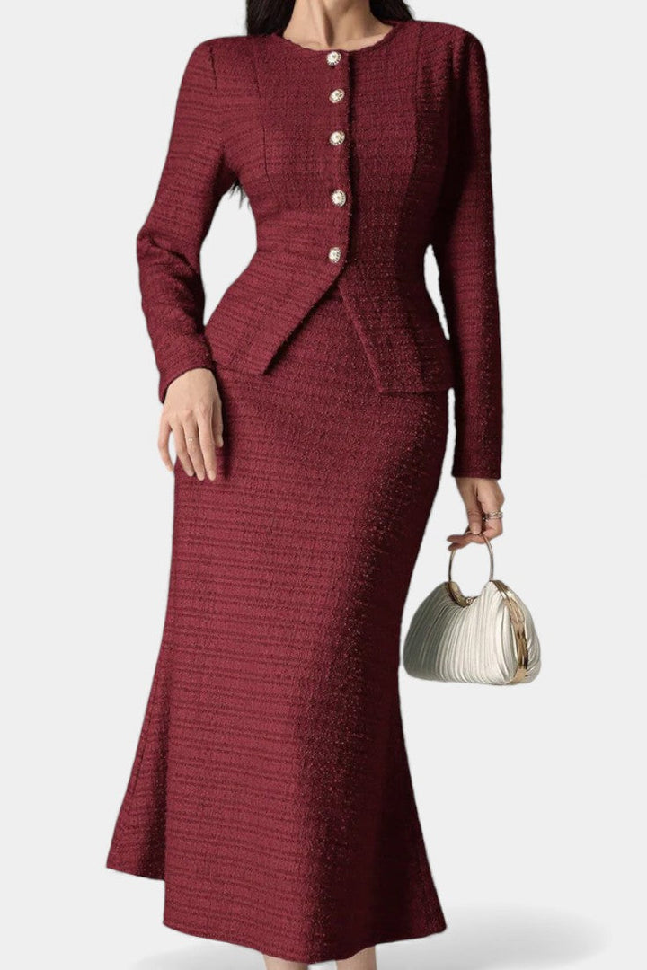 Raffaella Two-Piece Tweed Ensemble – Round Neck Blouse with Midi Mermaid Skirt