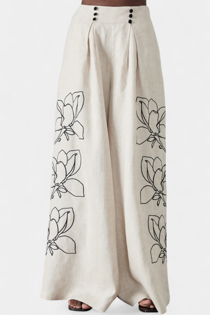 Miranda Puff Sleeve Blouse & Wide-Leg Floral Linen Pants Set