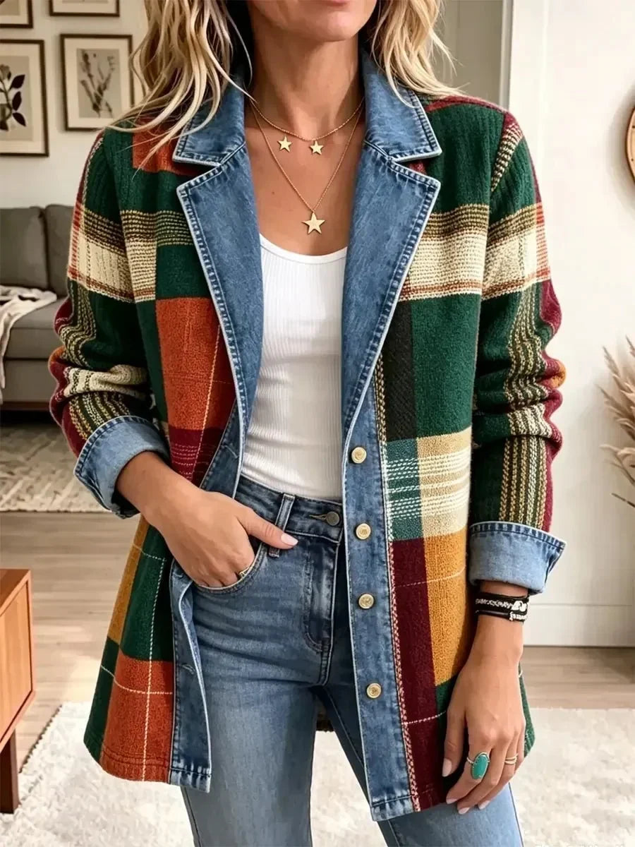 Ottavia | Retro Plaid Art-Print Denim Jacket