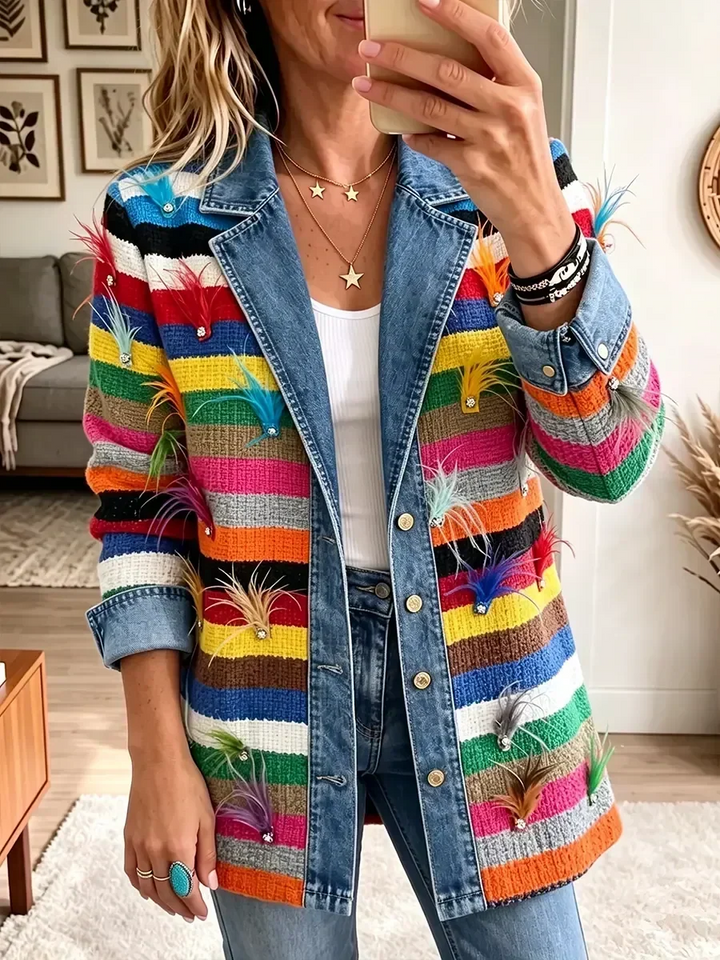 Nerina | Vintage Feather-Print Denim Jacket