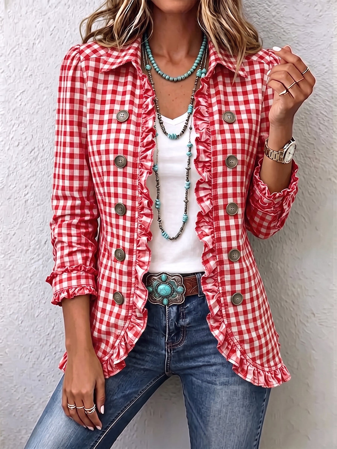 Luna | Gingham Ruffled Button-Down Jacket