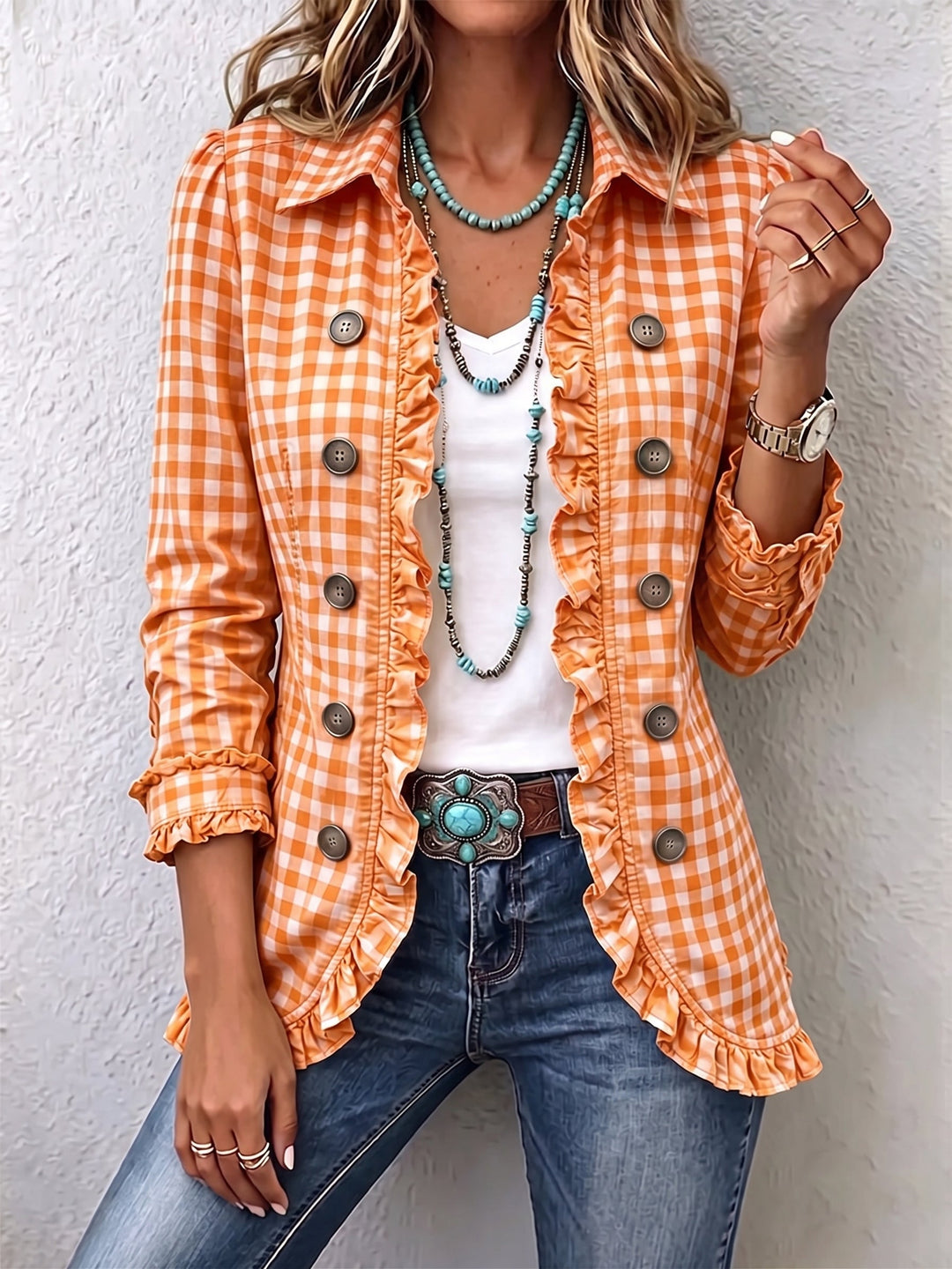 Luna | Gingham Ruffled Button-Down Jacket