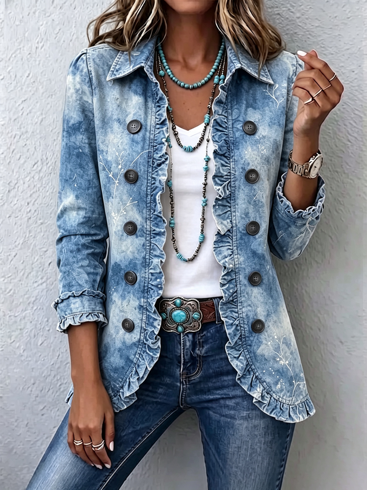 Cecilia | Boho-Style Gradient Vintage Botanical Print Ruffle-Detail Jacket