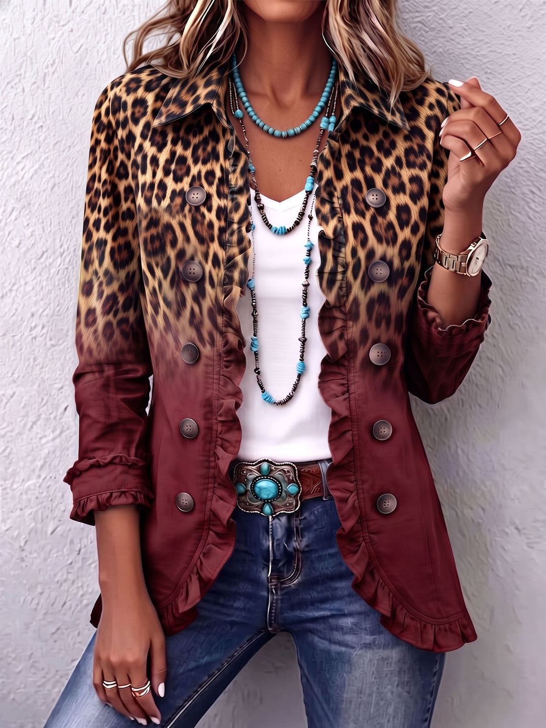 Alma | Leopard Ombre Ruffle Blazer Jacket