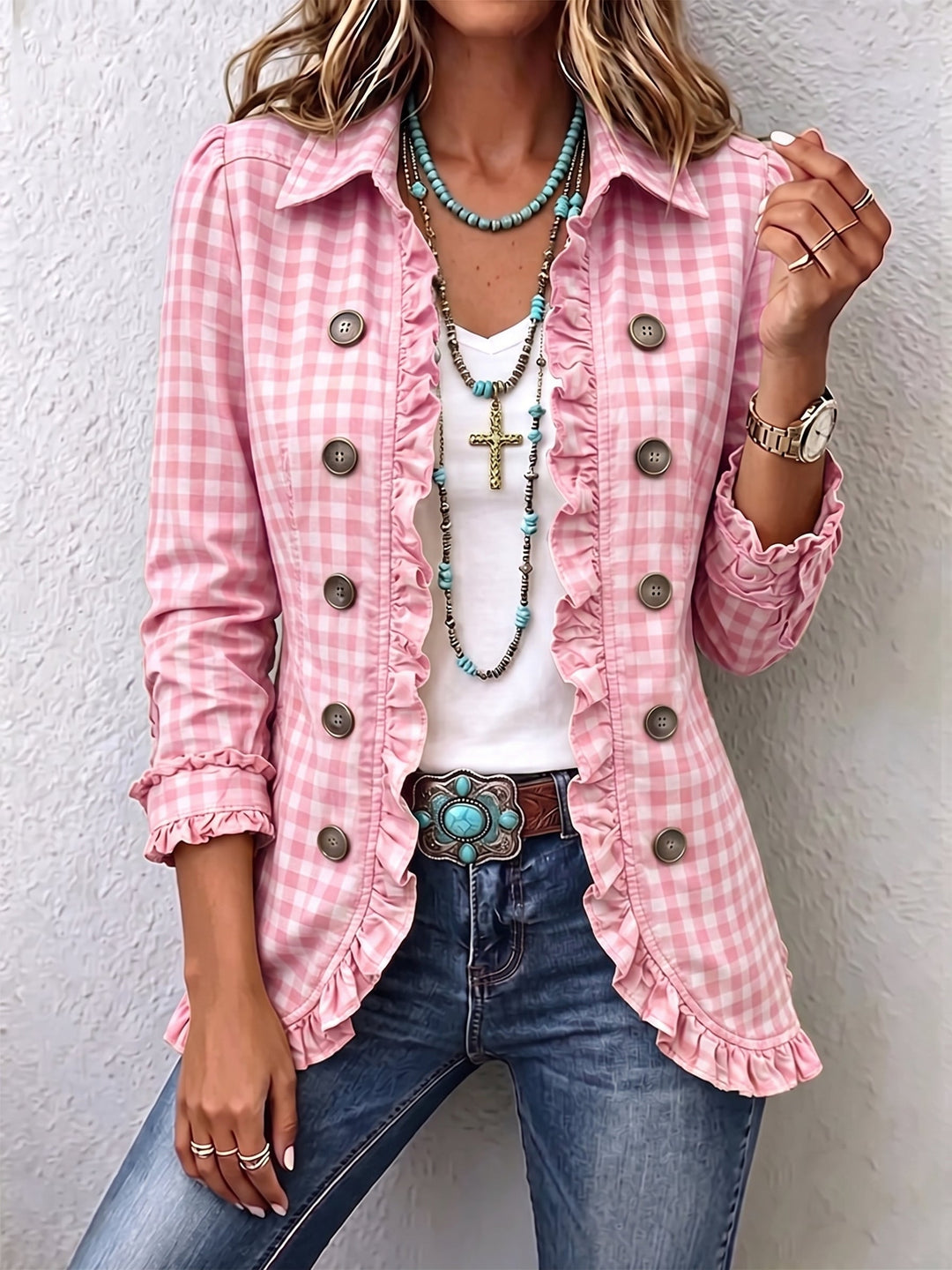Luna | Gingham Ruffled Button-Down Jacket