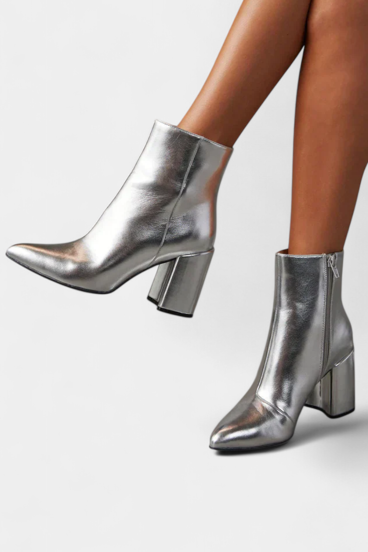 Elisabetta Silver Metallic Pointed Toe Ankle Boots with Block Heel