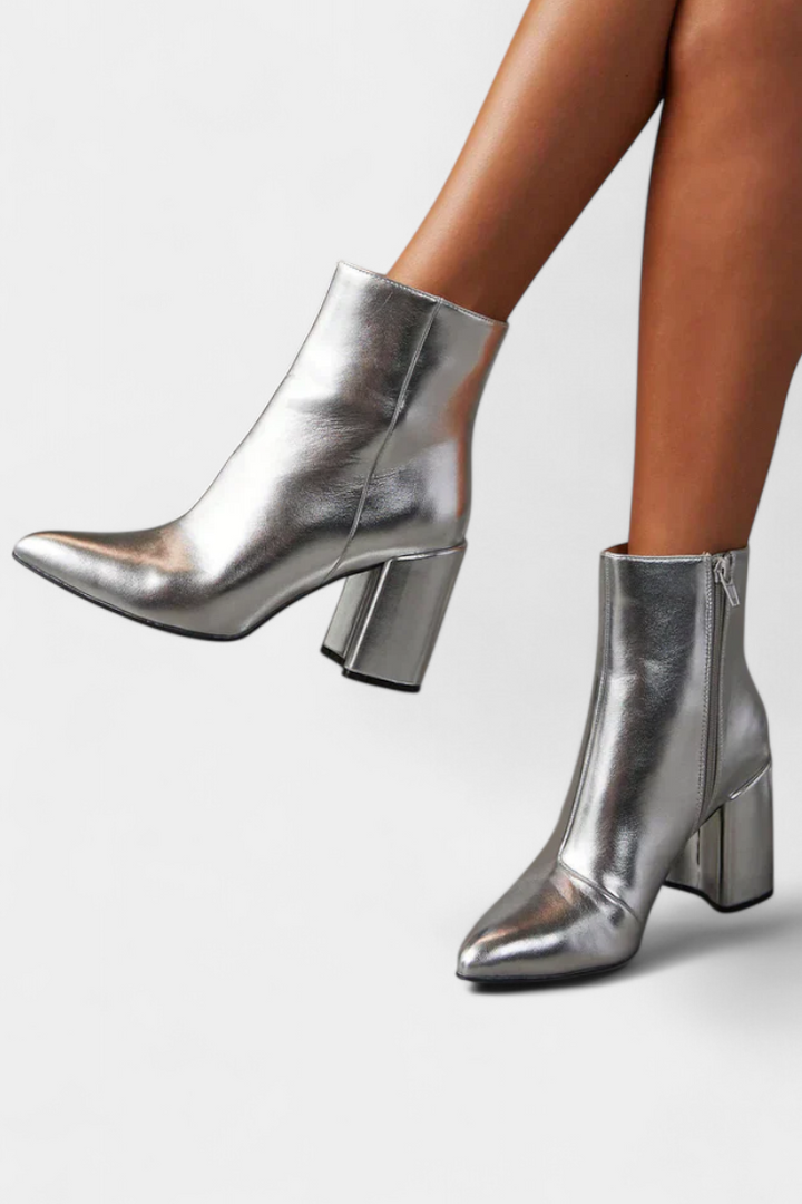 Elisabetta Silver Metallic Pointed Toe Ankle Boots with Block Heel