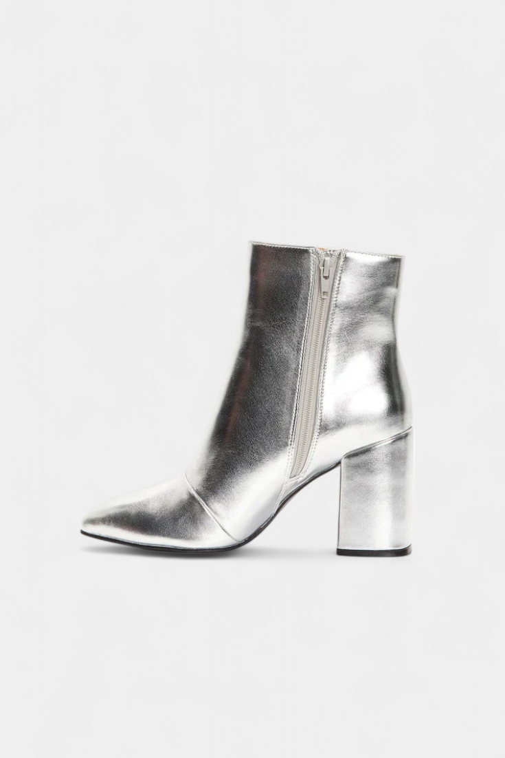 Elisabetta Silver Metallic Pointed Toe Ankle Boots with Block Heel